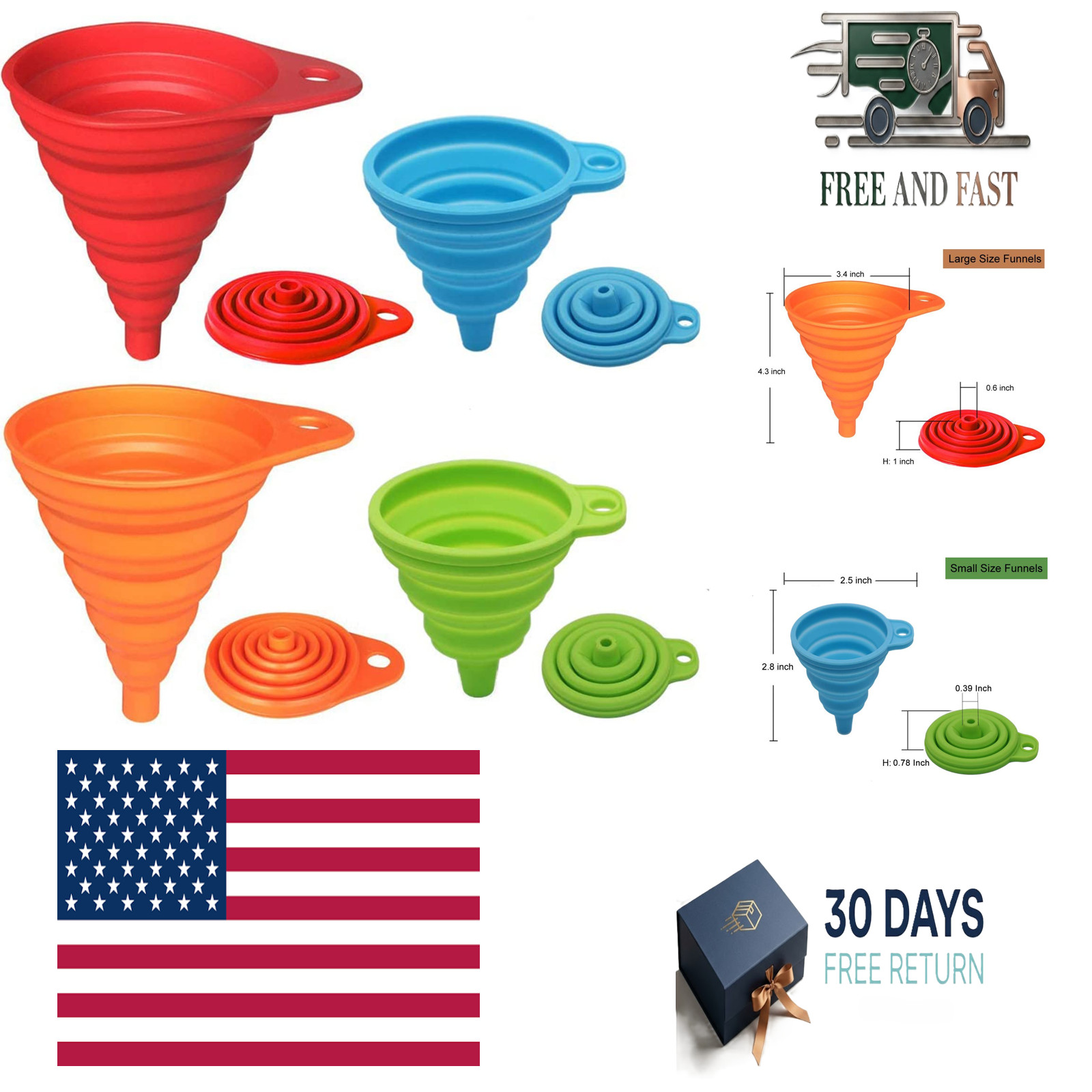 Kitchen Funnel Set 4 Pack, Small and Large, Kitchen Gadgets Accessories Fol…
