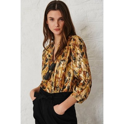 ba&sh Gold Brown Silk Shimmer Animal Print Gaby Blouse 3/4 Sleeves Women size XS