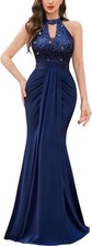 Navy Blue Halter Neck Sequin Mermaid Evening Dress, Keyhole Neck Pleated Formal