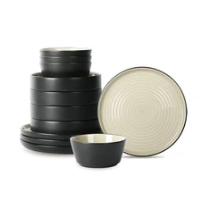 Stone Lain Elica Stoneware 12-Piece Dinnerware, Plates and Bowls Sets, Servic...