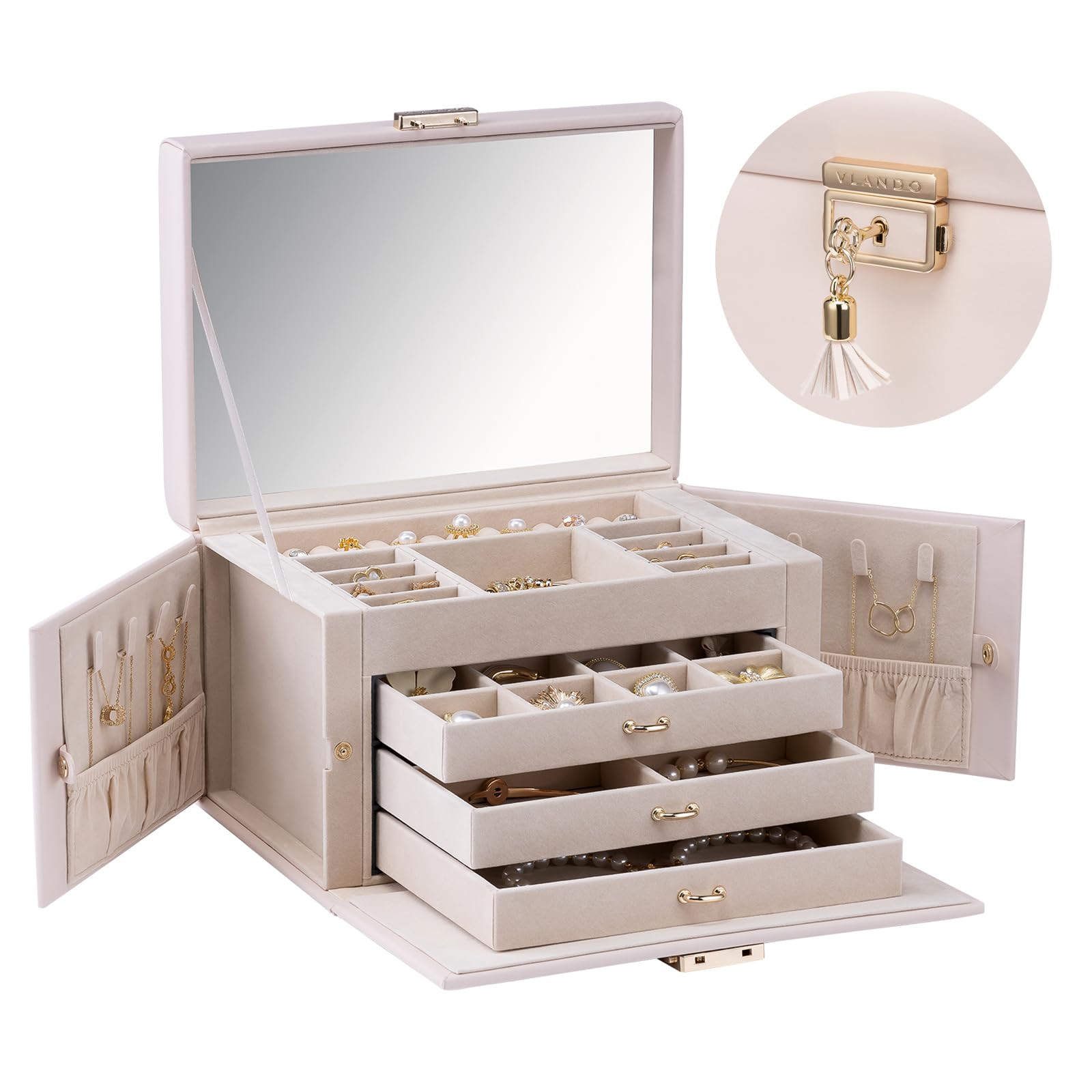 Lockable Jewelry Box Organizer with Key, 3-Tiered Storage Tray for Necklaces ...
