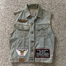 Women’s Medium Denim Biker Vest With Patches, PS Gitano, Harley Davidson Patches