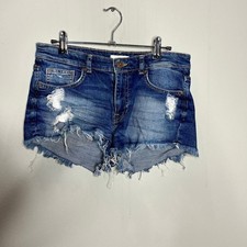 H M Medium Wash Mid-Rise Zip Fly Distressed Denim Shorts Women's Size 6