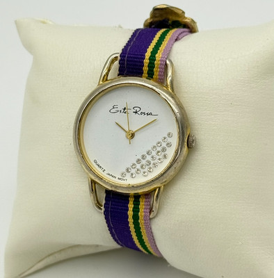 Women's Vintage 1980s ESTA ROSSA Gold Tone Watch, Purple Band, Crystal Accents