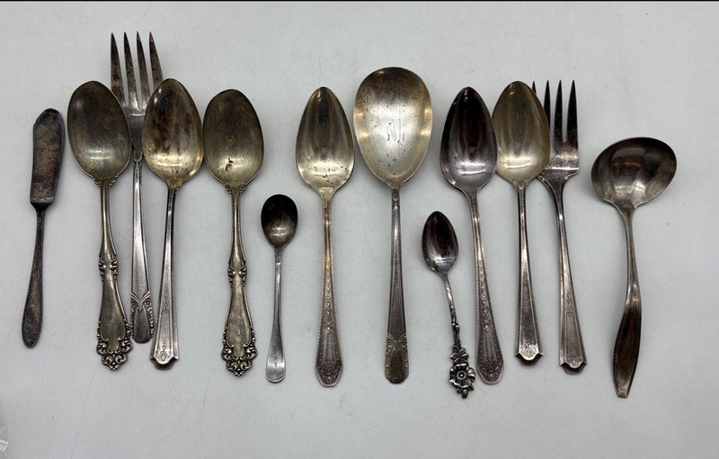 Assorted Ladle Silverware Spoon Fork Butter Spreader Engraved Cutlery Lot Of 13