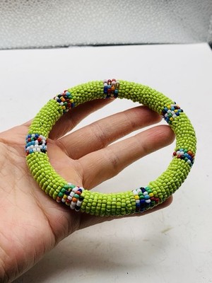 Vintage Handmade African Tribal Snake Pattern Bright Multicolor Beaded Bracelet