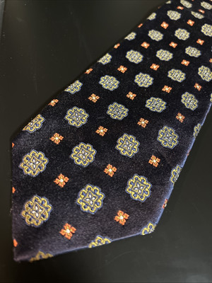 Paul Frederick Mens Silk Neck Tie Navy Blue Gold Red Medallion Hand Made Italy