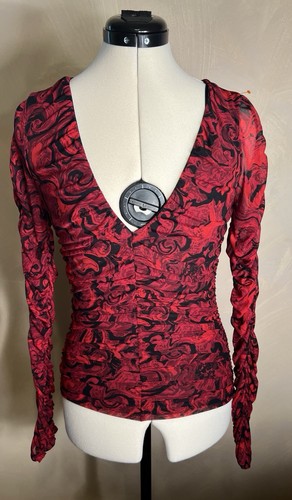 GUESS Women's Floral LS Luna Shirred Tight fitting Ruched V-Neck Blouse|Size:S - Picture 13 of 15