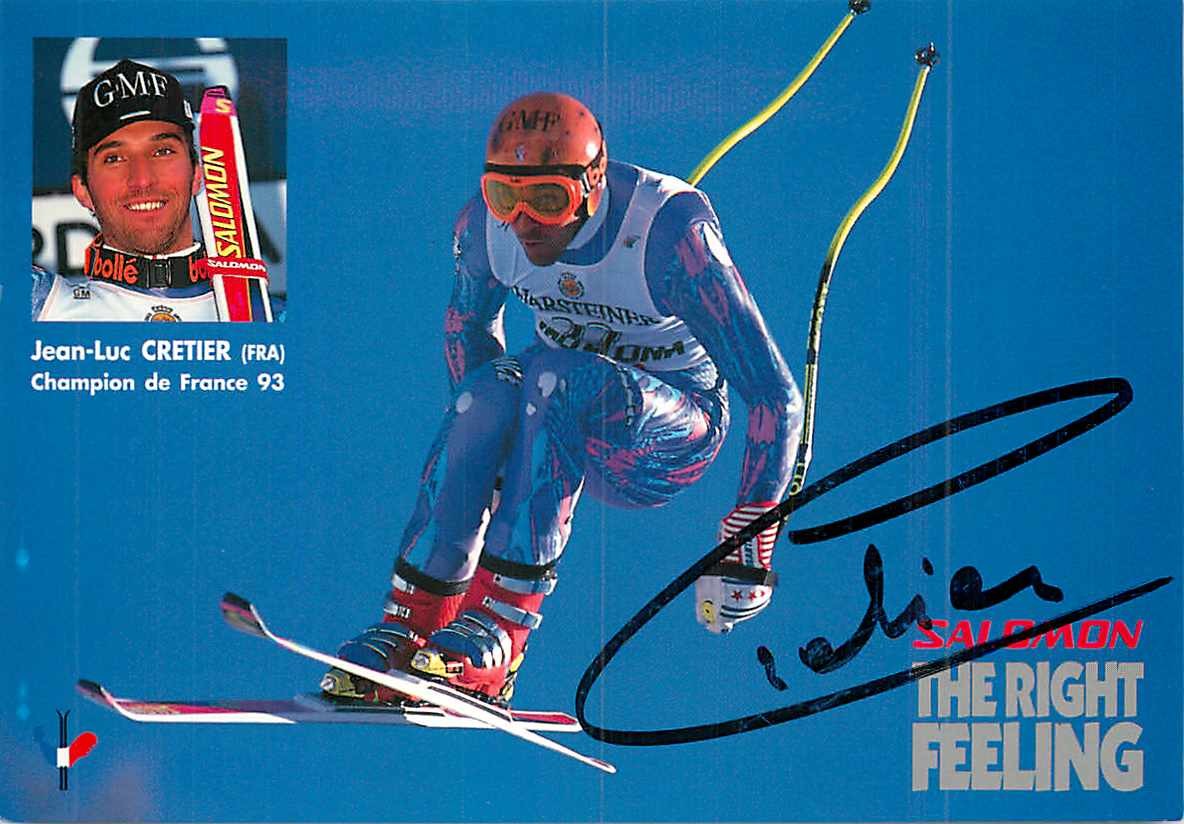 Biglietto autografo Jean Luc Cretier sci alpino campione de France 1993 Salomon