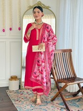 Petrol Blue, Rani Pink, Wine Purple Kurti Pant Dupatta Embroidered Set