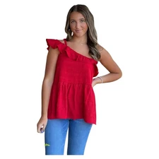 DOE & RAE Boutique Red Ruffle One Shoulder Top Blouse Small NWT Summer Travel