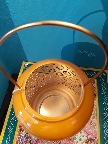 INDIAN CUT OUT DESIGN IRON LANTERN IN VIBRANT MUSTARD YELLOW - Picture 10 of 10
