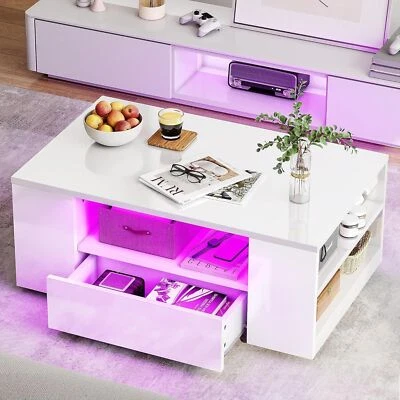 Couchtisch mit Schubladen RGB LED Modernes Wohnzimmer Hochglanz Weiß aus Holz DE - Bild 1 von 4