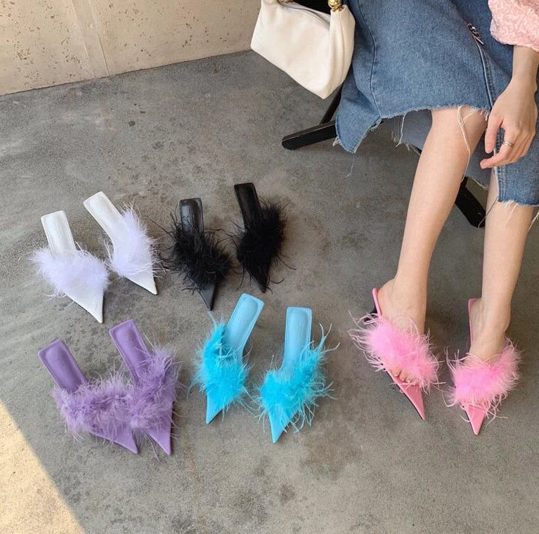Mujeres Tacones Punta Punta Stiletto Zapatos de Fiesta Pluma Zapatillas Zapatos de Mula Sandalias Foto 4 de 4