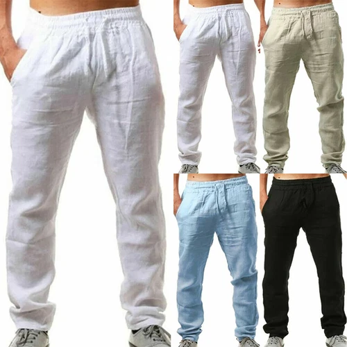 Herren Urlaub Leinen Optik Hose Stoffhose Lang Freizeithose Sommerhose Sporthose - Bild 4 von 20