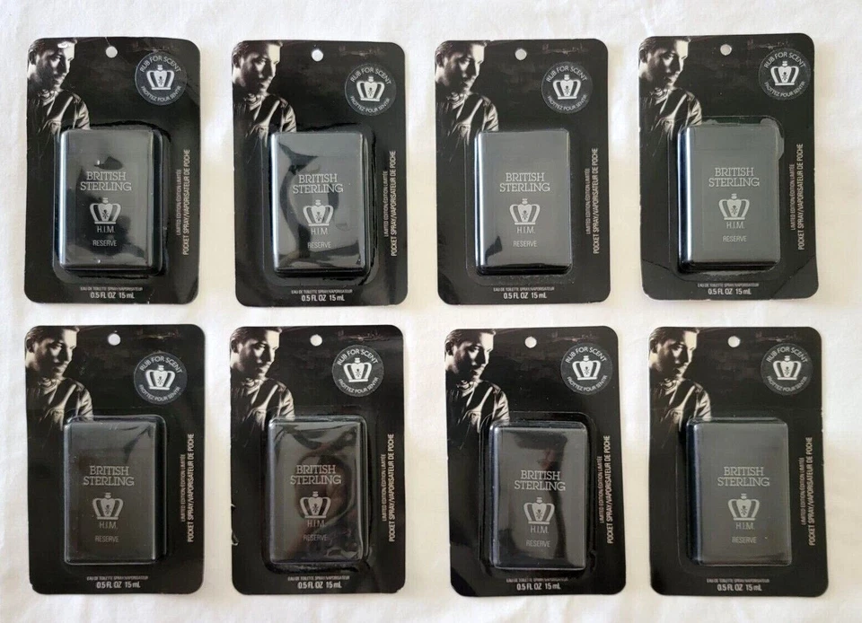 8 paquetes BRITISH STERLING HIM RESERVE eau de toilette 0,5 oz ea spray de bolsillo cardado Foto 2 de 3