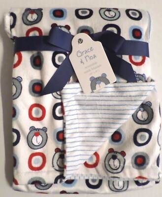 Grace & Noa Boys Reversible Minky Blanket 'Busy Bear' White/Blues/Red/Gray 30x40