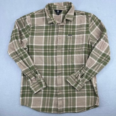 Volcom Mens Plaid Flannel Shirt Olive Green Tan Long Sleeve Button Up Size L