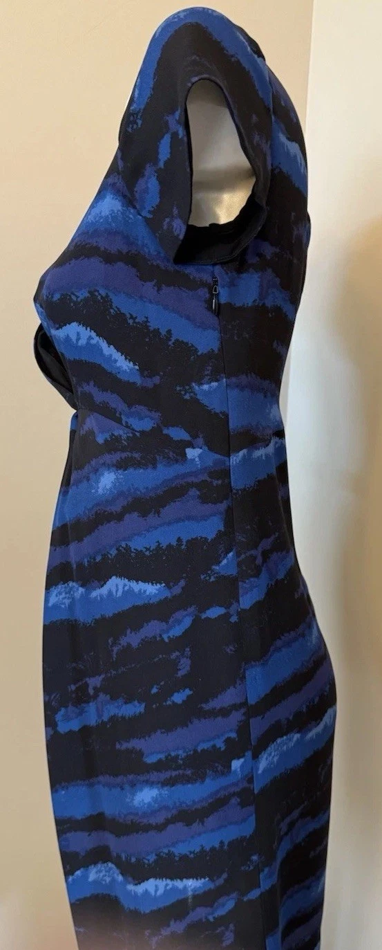 Abito Tory Burch Kaoy Landscape 100% seta foderato nero blu taglia 8 bellissimo