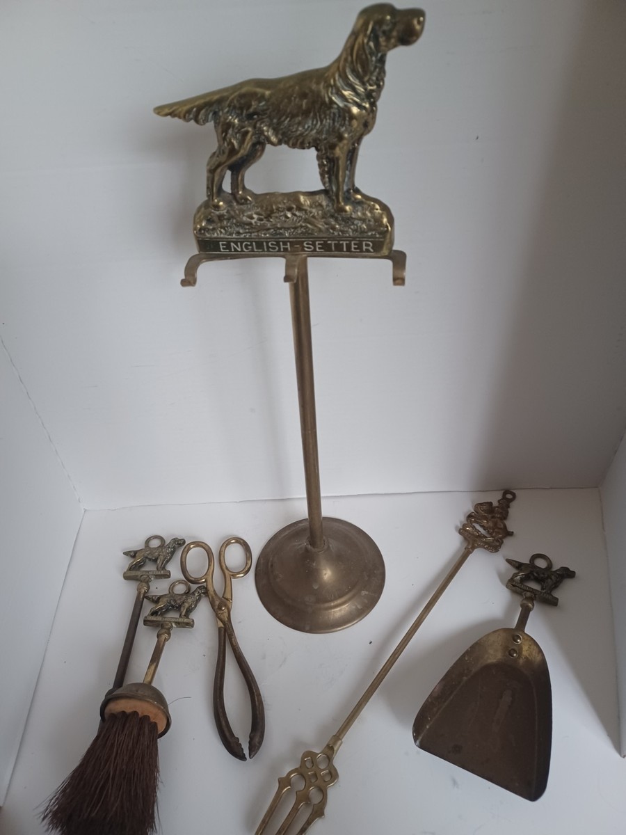 Antique Brass English Setter Fireplace Tool Set Featuring English