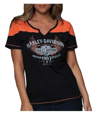Harley-Davidson Women's Righteous Notched V-Neck Colorblocked Tee, Black/Orange