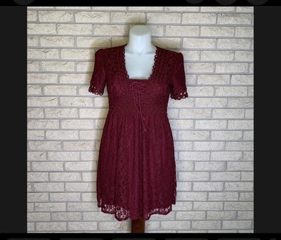 Francesca s Burgundy Baby Doll Style Lace Lined Empire Waist Dress Sz Large