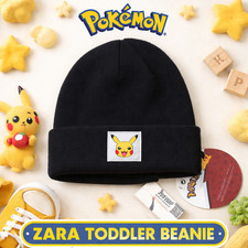 ZARA x Pok mon Pikachu Toddler Knit Beanie Hat Black Winter Cuffed 1-3 Years