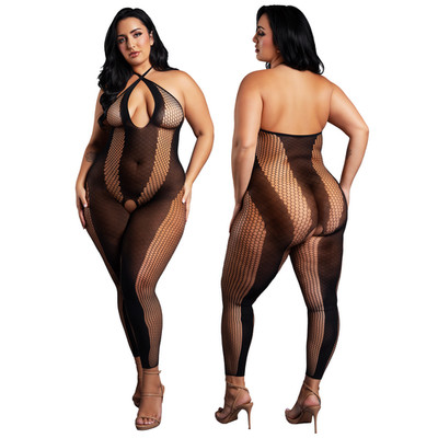 Black Fishnet Bodystocking Halter Footless Open Crotch Striped Lingerie Queen