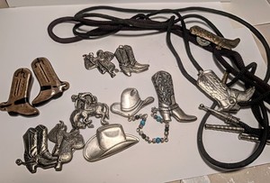Western Americana Jewelry Lot Boots Hats Horses Bolo Ties Brooches Pins Saddles