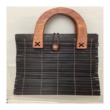 Wooden Handle Black Woven Handbag Made in Indonesia Handwoven Shoulder Bag Bag