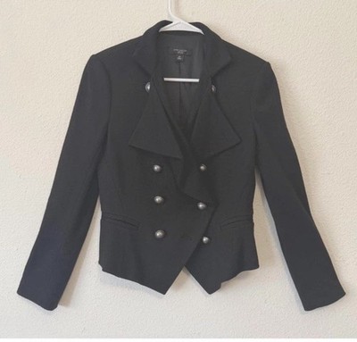 Ann Taylor Petite Black Double-Breasted Military Jacket Wool Lined Buttons