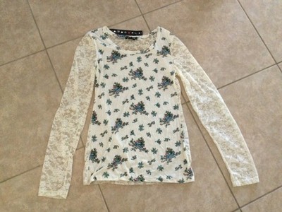 NWT Eye Candy Women s XL Floral Cream Blouse Lace Long Sleeve Scoop Neck