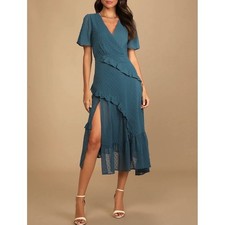 NWT Lulus Next to You Slate Blue Swiss Dot Ruffled Midi Dress Size S