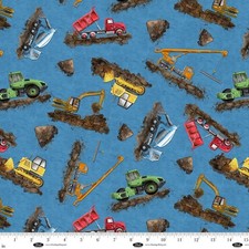 Let's Get Building Construction Equipment Blue Cotton Fabric