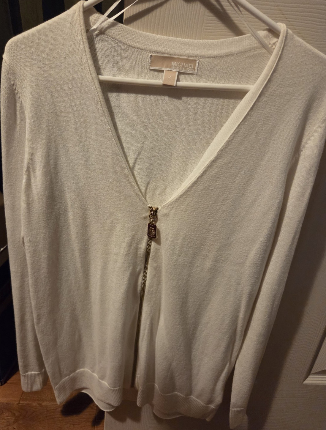 Michael Kors White Knit Zip Cardigan Sweater V-Neck M Long Sleeve