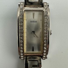 Guess Watch Women Silver Tone Crystal Bezel Rectangle Dial New Battery 6 Inch