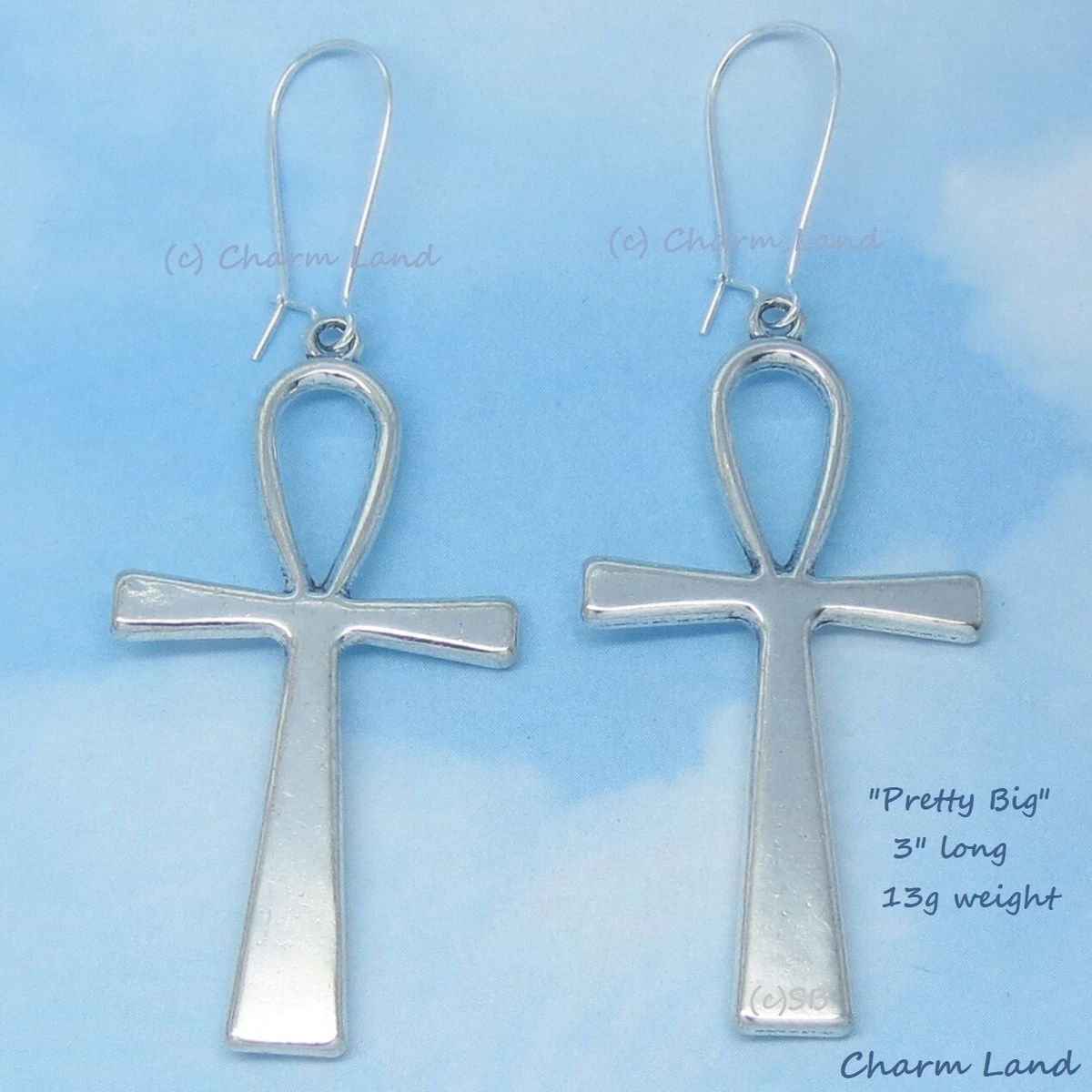 Large Ankh Earrings Cross Silver Tone 10157 Egypt Boho Chic Emo
