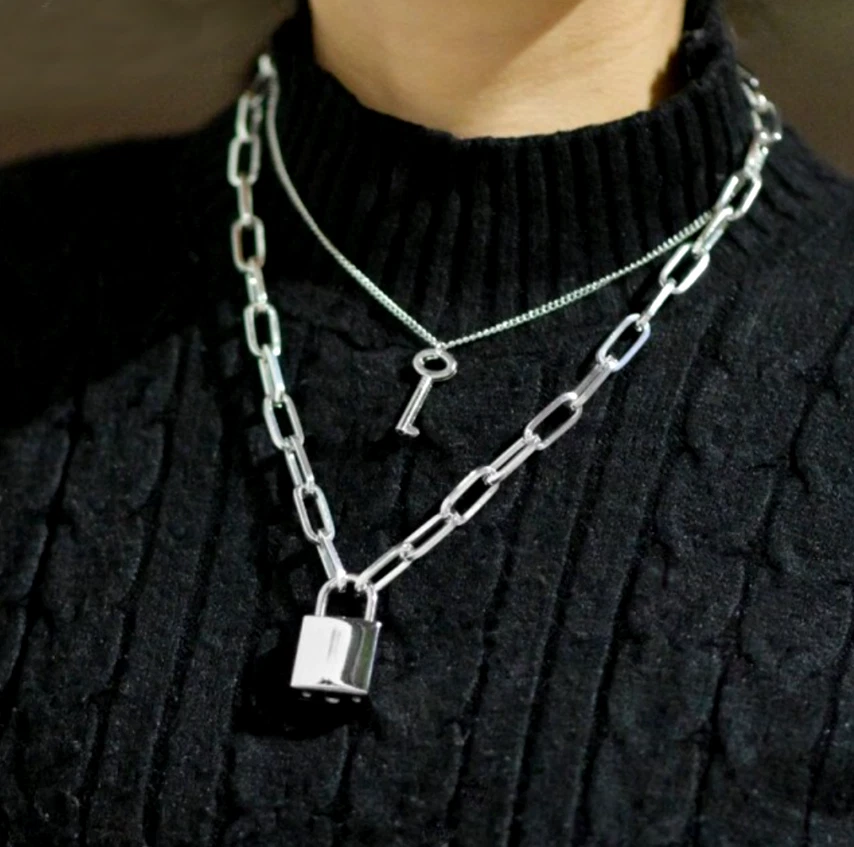 Punk Rock Emo Goth Black Double Chain Necklace with Padlock & Key  Pendants