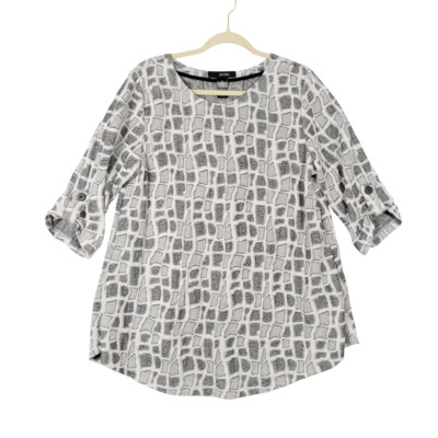 ALI MILES Gray White Artsy Semi Sheer Geometric Lagenlook Tunic Top SIZE MEDIUM