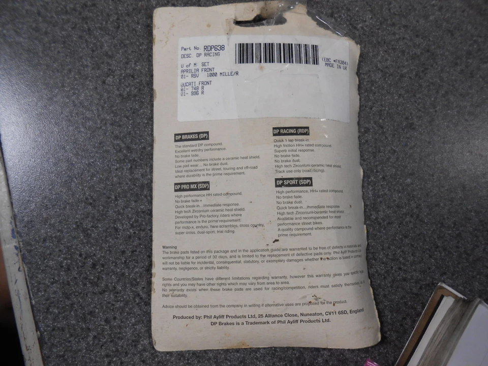 Juego de pastillas de freno delanteras NOS DP para: Ducati 2001 718R 996R Aprilia RSV1000 RDP638 Foto 3 de 4