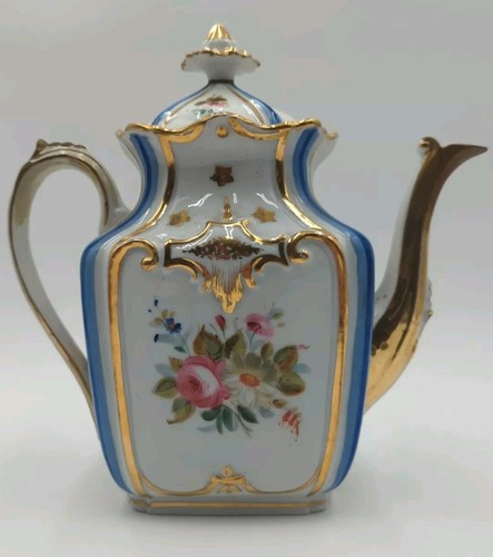 Lrg. Antiq. French Porcelain Coffee Pot Hand Paint Floral & Gilded Fancy Scallop - Picture 3 of 24