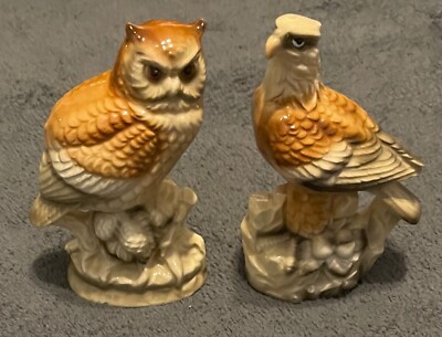Vintage Owl and Eagle Ceramic Figurine Set Labeled Japan