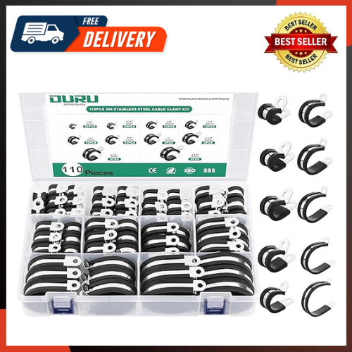 304 Stainless Steel Cable Clamps Kit - 66 Piece Rubber Cushioned Pipe Clamp Assortment