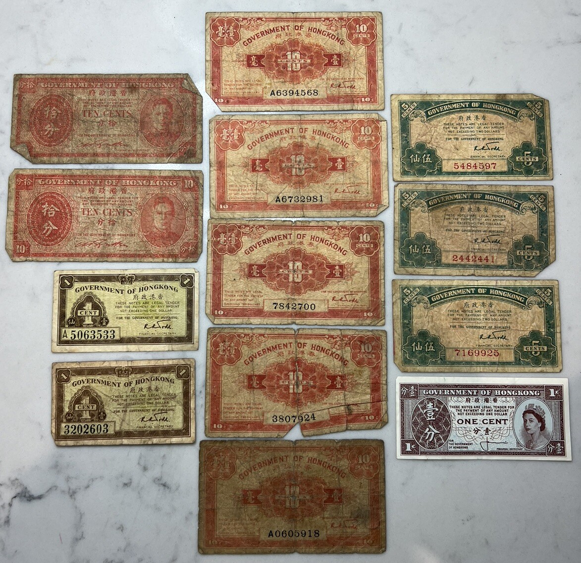 ANTIQUE GOVERNMENT OF HONG KONG BANK NOTES 1 ONE 10 TEN 5 FIVE CENTS MIXED LOT