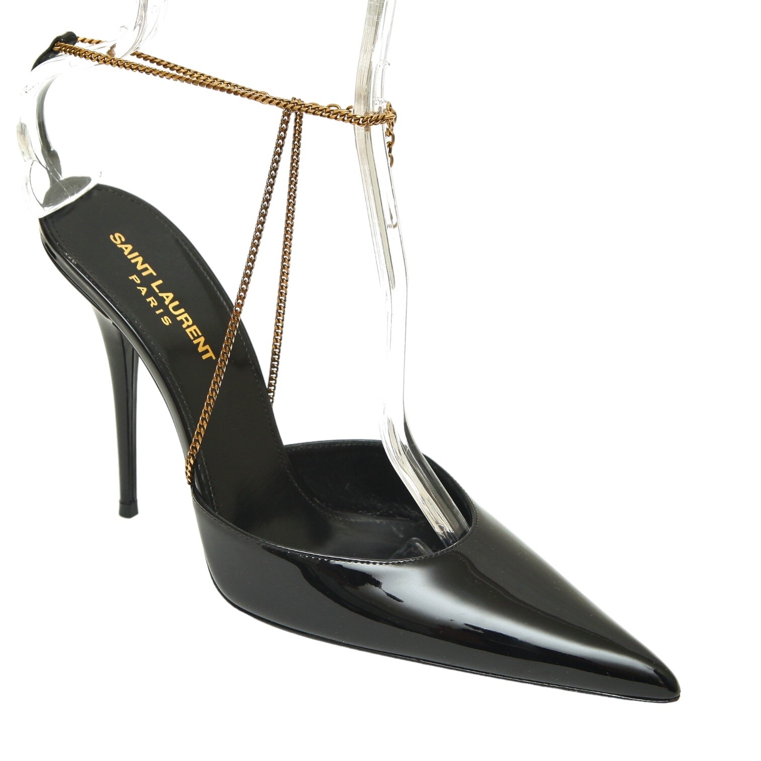 SAINT LAURENT decolte pelle verniciata nera CLAW CHAIN YSL logo tacco oro caviglia 38 5