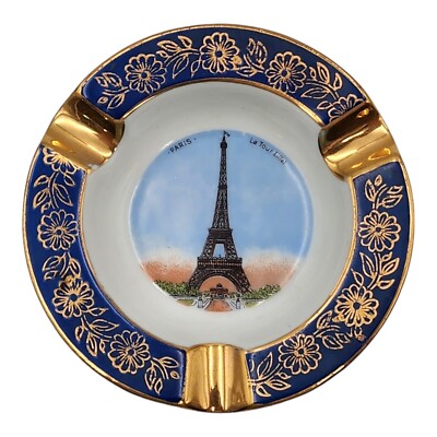 Vintage Limoges Ashtray 4''  Souvenir of Paris France  Eiffel Tower  Gold Rim