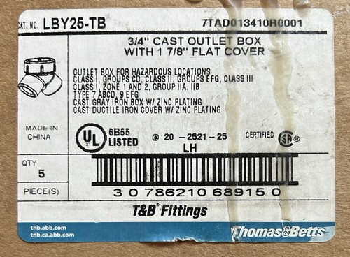 ABB Thomas & Betts LBY25 3/4 Conduit Service Entrance Elbow With 7/8 Flat Cover - Picture 5 of 5