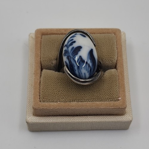 Royal Copenhagen Blue White Porcelain Floral Sterling Silver Vintage Ring Size 5 - Picture 6 of 24