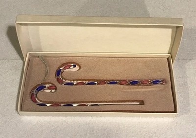 Set of 2 Metropolitan Museum of Art Blue & Red Ribbon Candy Cane Glass Ornaments