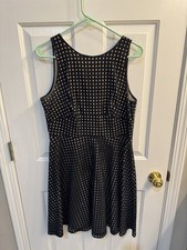 LOFT Black Midi Dress with layered White Beige Polka Dots Size 8